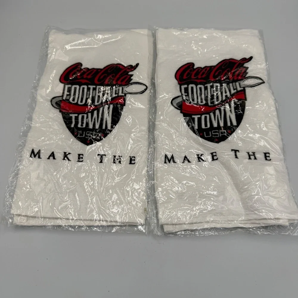 Vintage Coca-Cola Football Town USA White Hand Towels Set of 2 New Sealed Promo